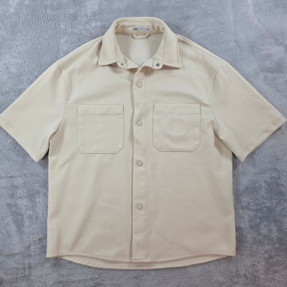 Zara Other - Zara Mens Med Cream Short Sleeve Snap Button Thick Overshirt Textured Pockets